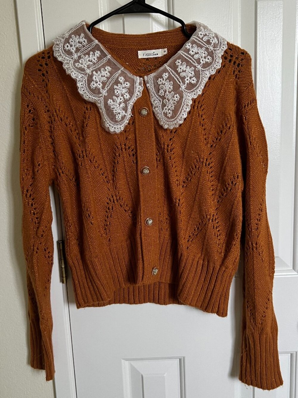 Fasilu Women Peter Pan Lace Collar, Brown, Size XS
